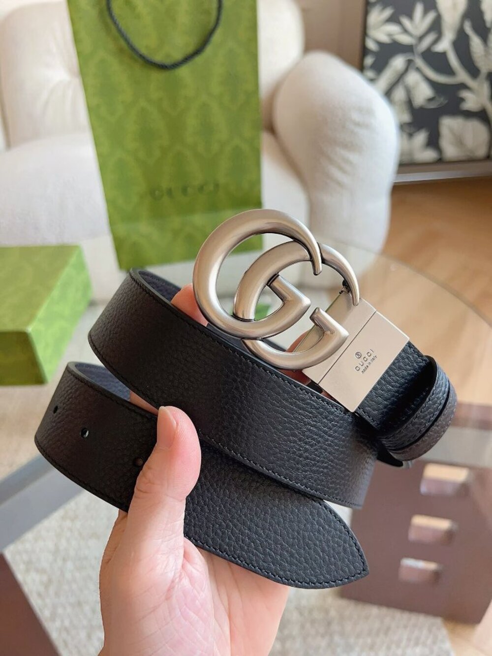 Gucci Black Pebbled Leather Belt with Silver Interlocking GG Buckle